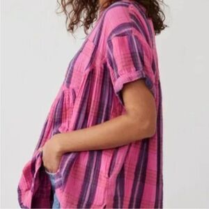 NWT Free People Moon City Plaid Peplum Top Pink/Purlpe Size XS